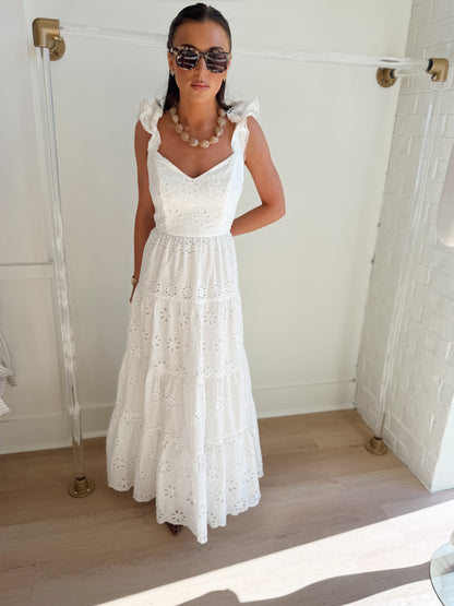 FLORAL EYELET RUFFLE SHOULDER MAXI DRESS