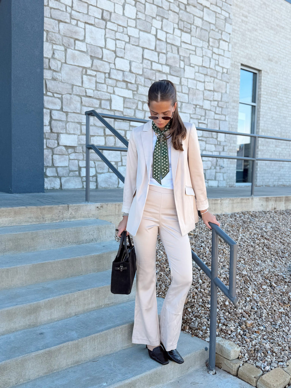 MAELYS STRETCH SATIN TAILORED FLARE TROUSERS