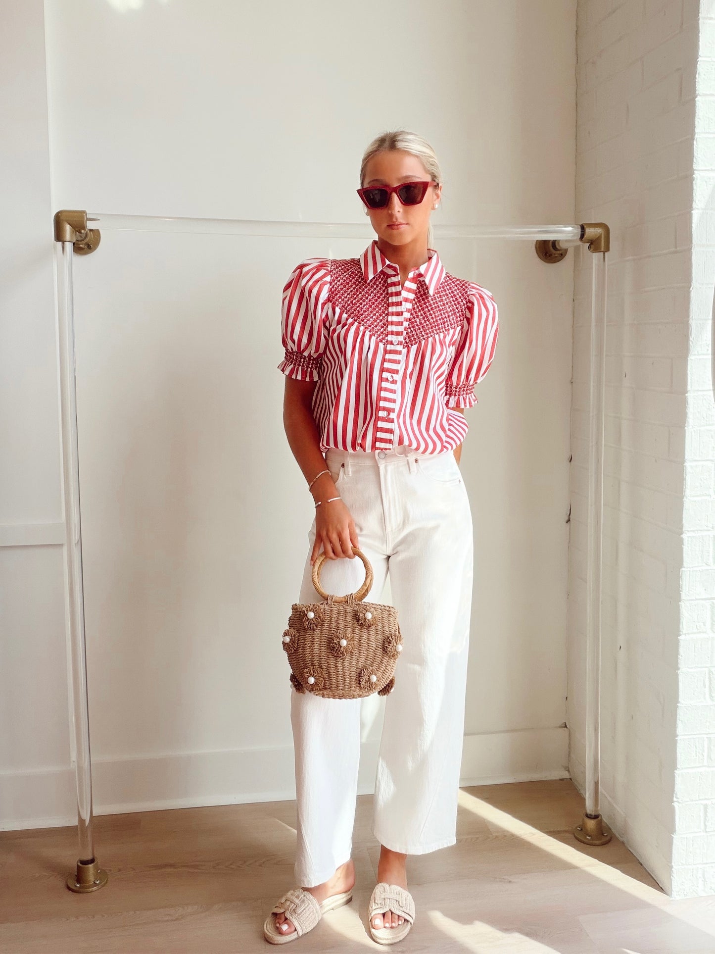STRIPED BUTTON UP WITH SMOCKING