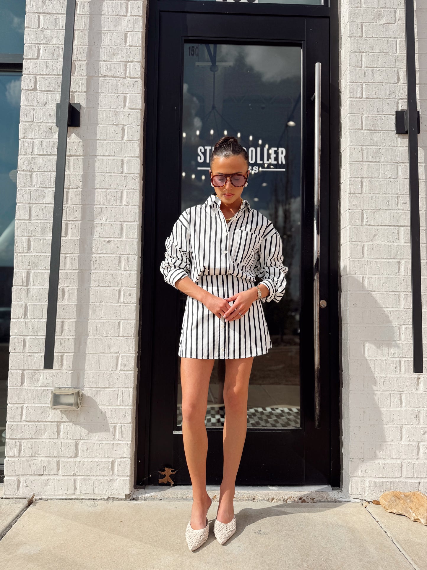 STRIPED LONG SLEEVE SHIRT AND SKORT SET