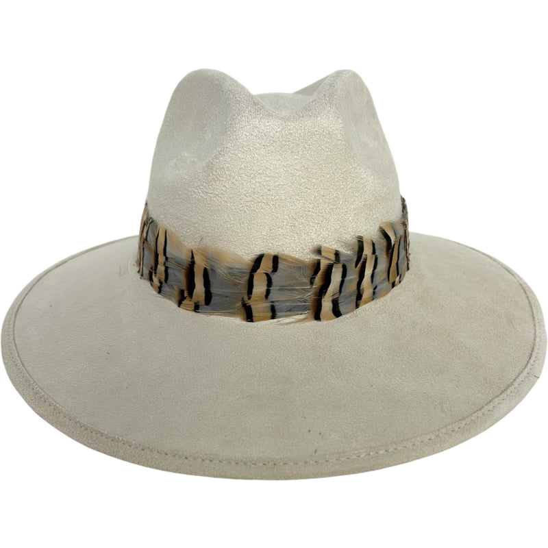 SUEDE HAT WITH GREY STRIPED FEATHER