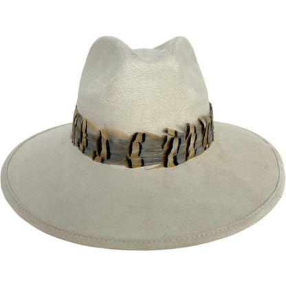 SUEDE HAT WITH GREY STRIPED FEATHER