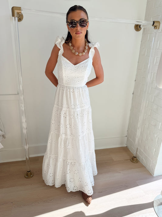 FLORAL EYELET RUFFLE SHOULDER MAXI DRESS