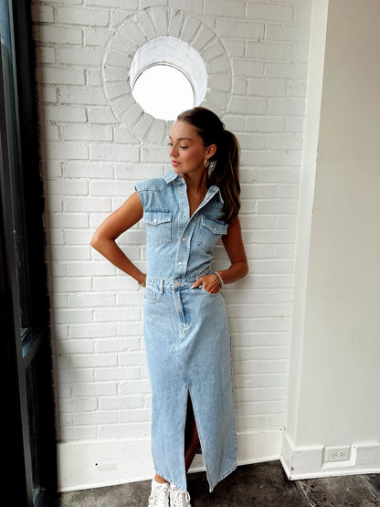 DENIM POWER SHOULDER MAXI DRESS