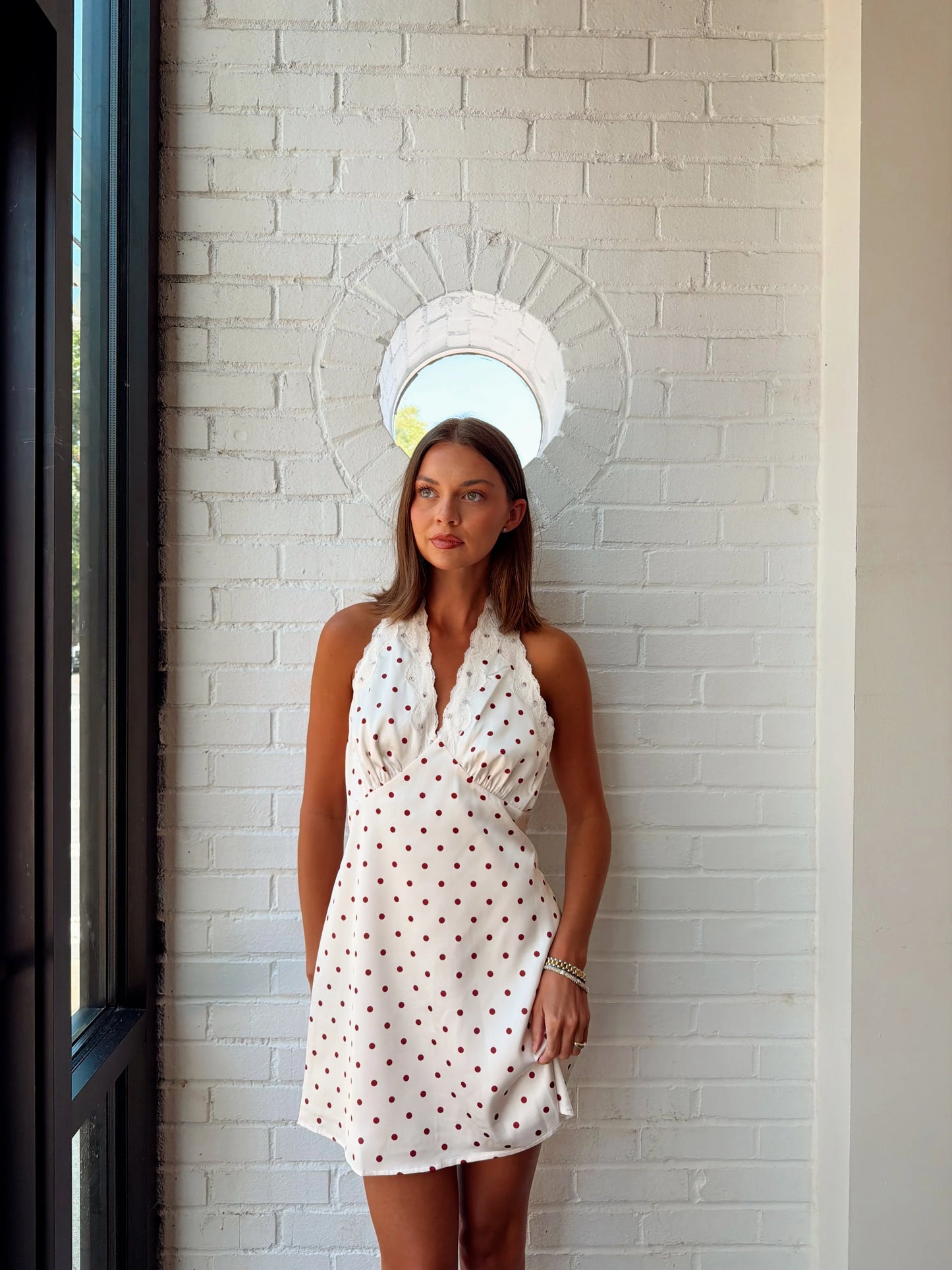 SATIN POLKA DOT HALTER DRESS W/ LACR DETAIL