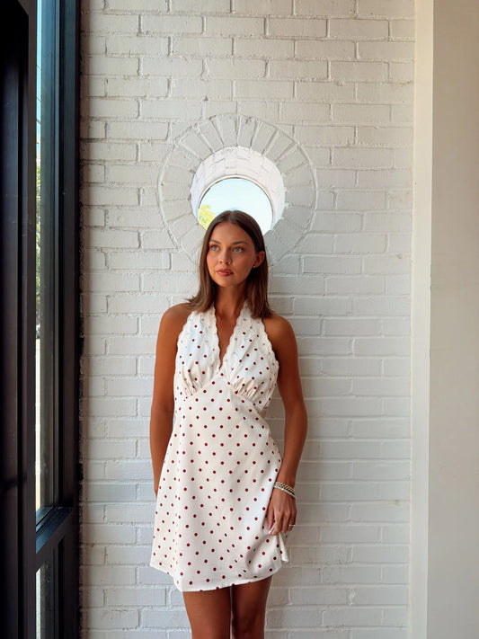 SATIN POLKA DOT HALTER DRESS W/ LACR DETAIL