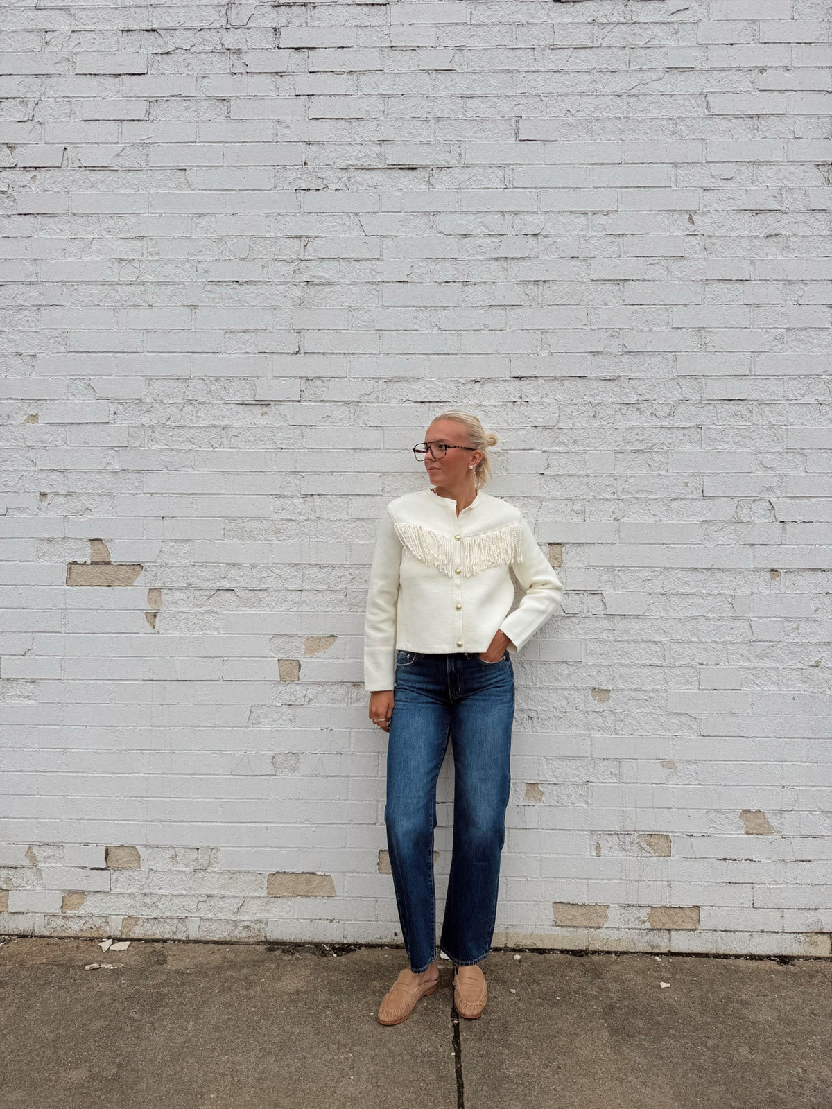 FRINGE BUTTON DOWN SWEATER