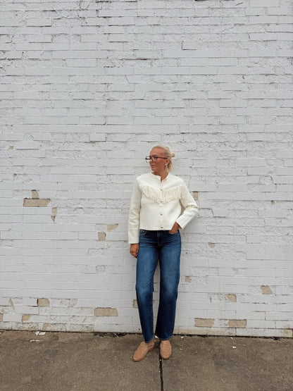 FRINGE BUTTON DOWN SWEATER