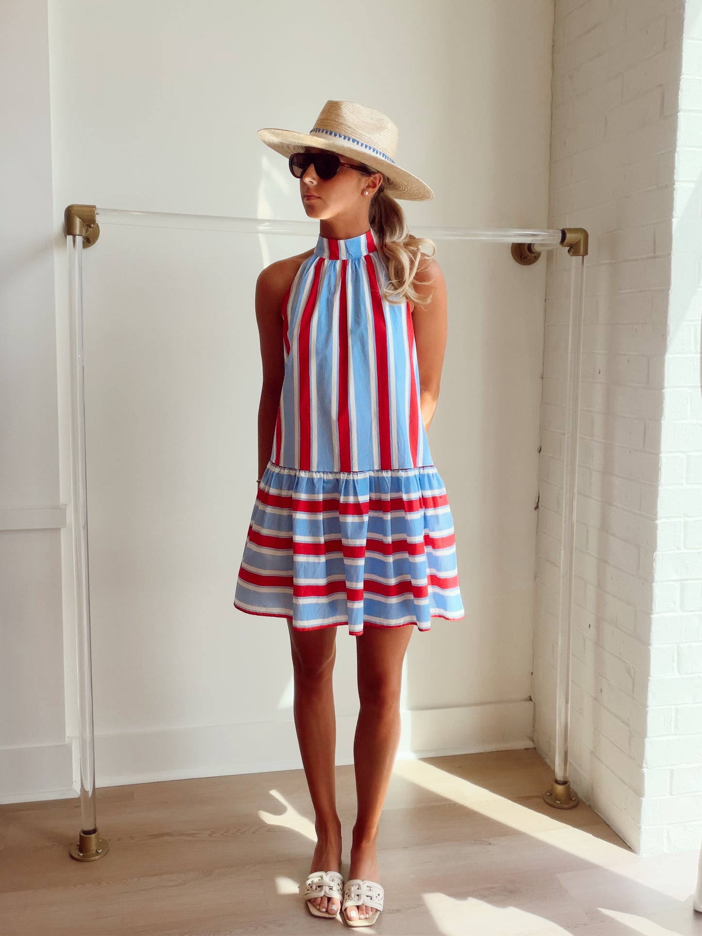 STRIPED TIE NECK RUFFLE MINI DRESS