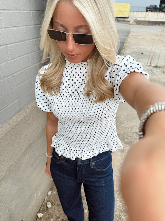 POLKA DOT SMOCKED NECK