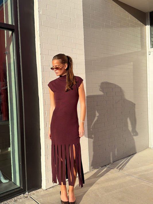 BOTTOM FRINGE SWEATER MOCK NECK DRESS