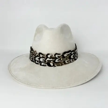 SUEDE HAT WITH BROWN & WHITE FEATHER