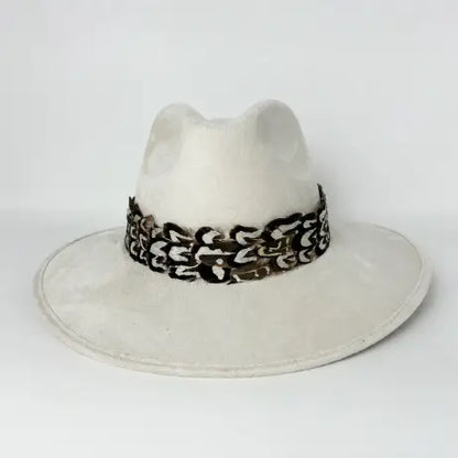 SUEDE HAT WITH BROWN & WHITE FEATHER