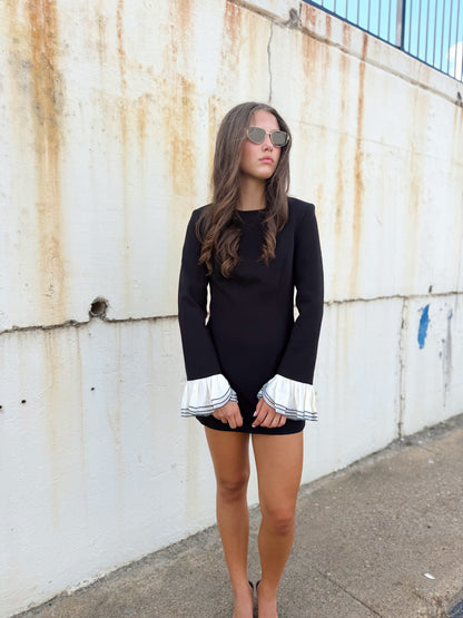 RUFFLE DETAILED LS MINI DRESS