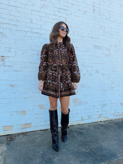 FLORAL PRINTED BELTED DRESS