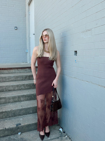 LACE HEM KNIT STRAPLESS MAXI DRESS