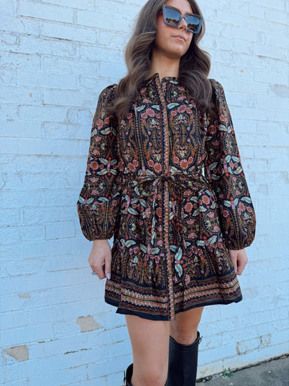 FLORAL PRINTED BELTED DRESS
