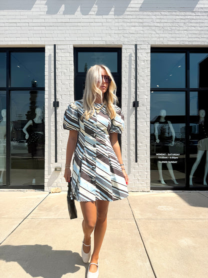 STRIPE PUFF SLEEVE DRESS