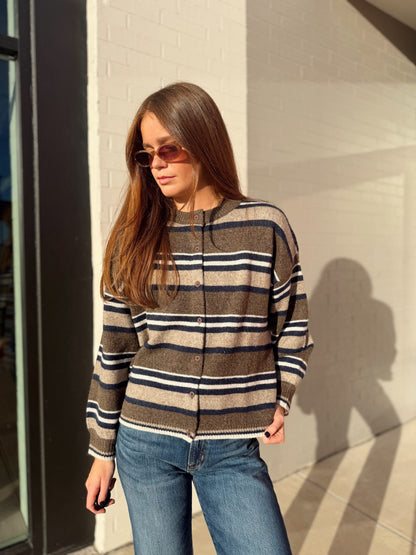 STRIPED CREW NECK BUTTON FRONT SWEATER CARDIGAN