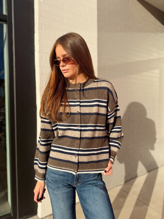 STRIPED CREW NECK BUTTON FRONT SWEATER CARDIGAN