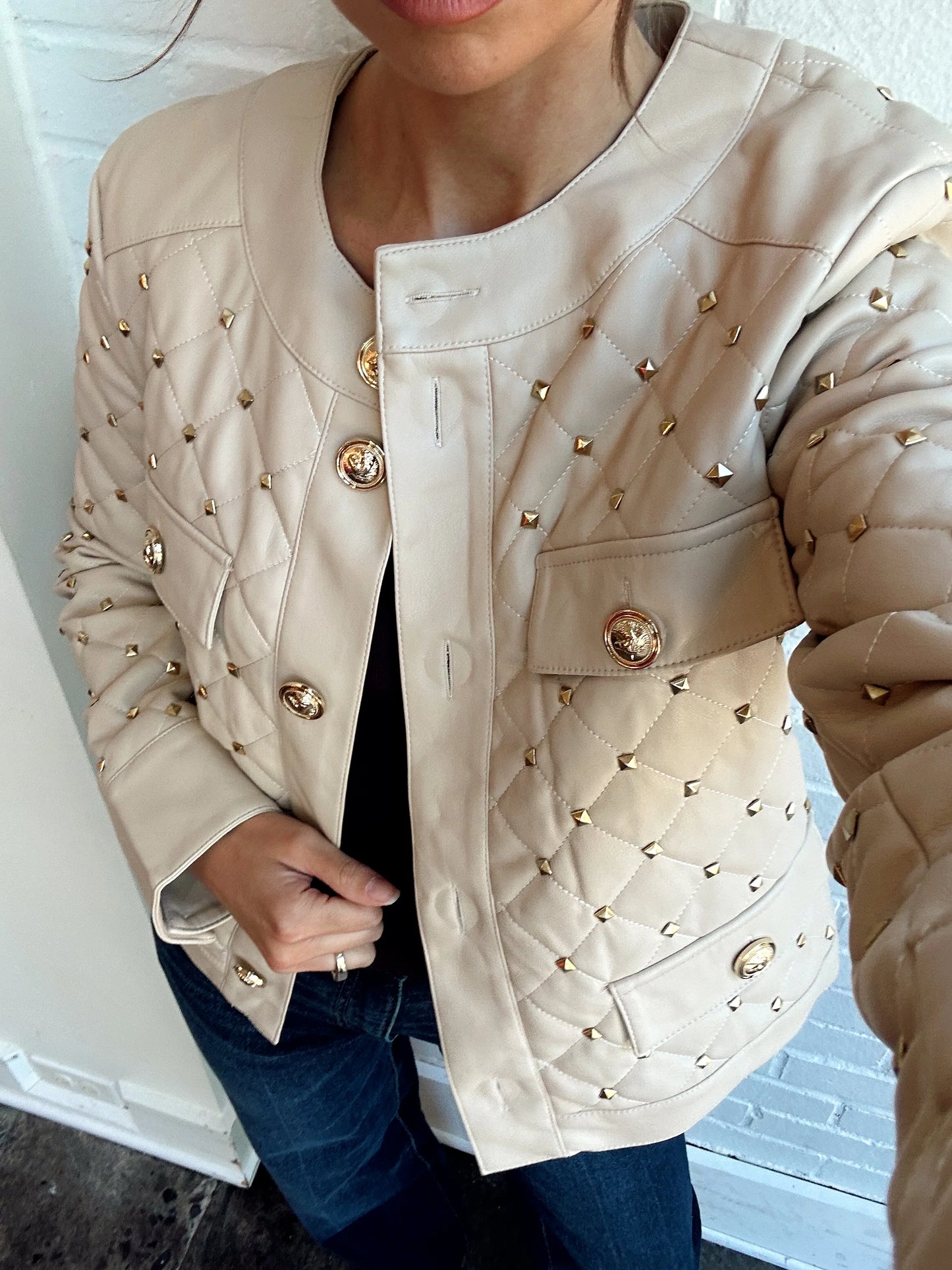 VEGAN LEATHER QUILT JACKET WITH STUDS