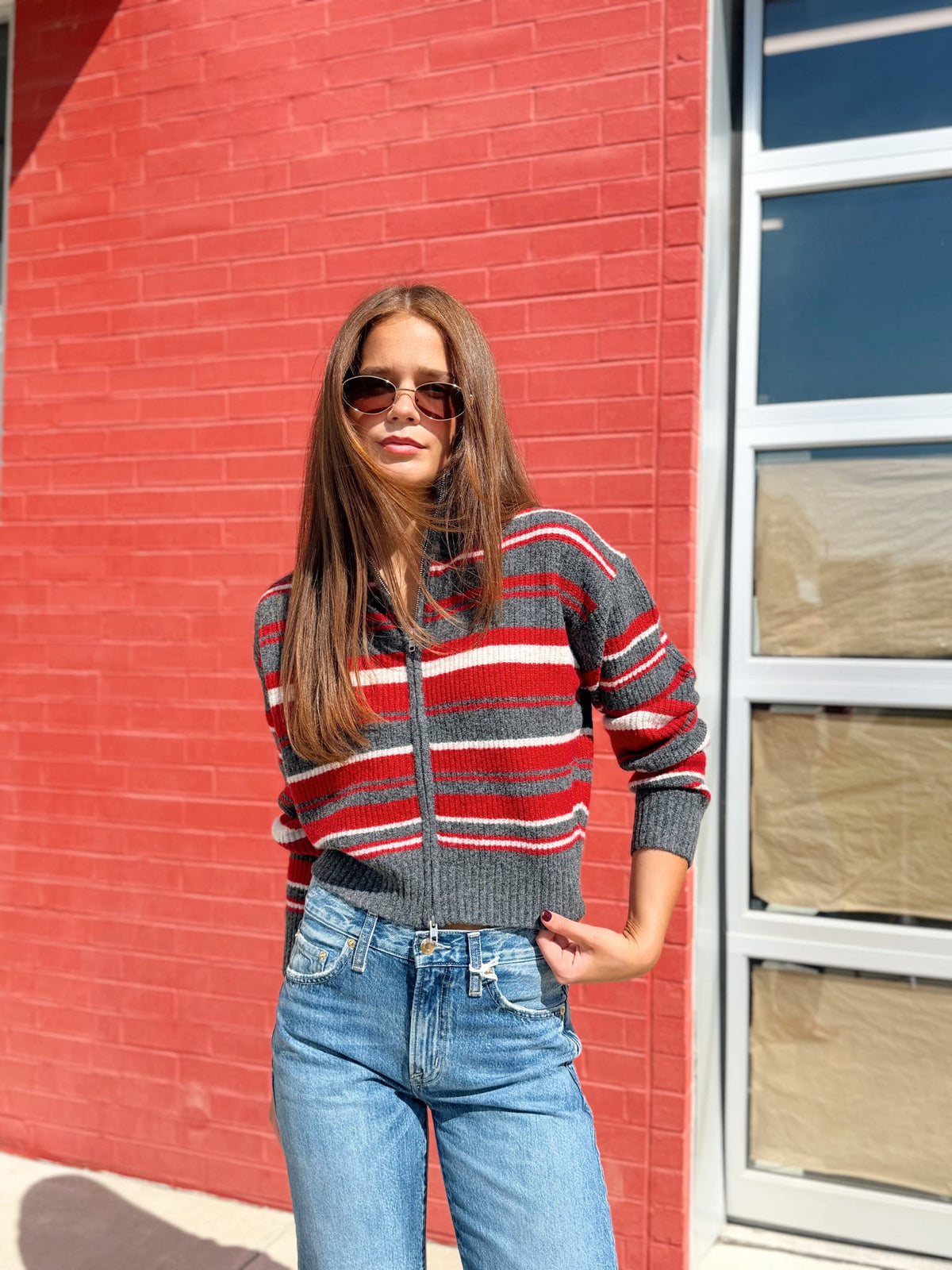ASPEN STRIPED ZIP UP KNIT CARDIGAN