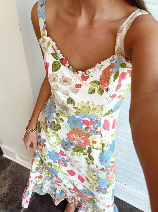 ESTHER FLORAL BAKER TIE STRAP MIDI DRESS