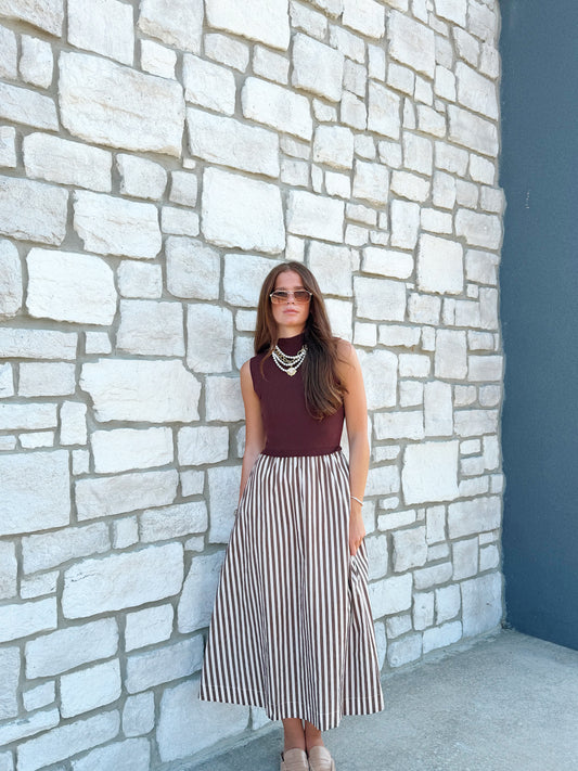 MOCKNECK STRIPED SKIRT MAXI
