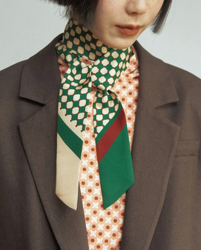 CHECKERBOARD SILK TWILL SKINNY SCARF