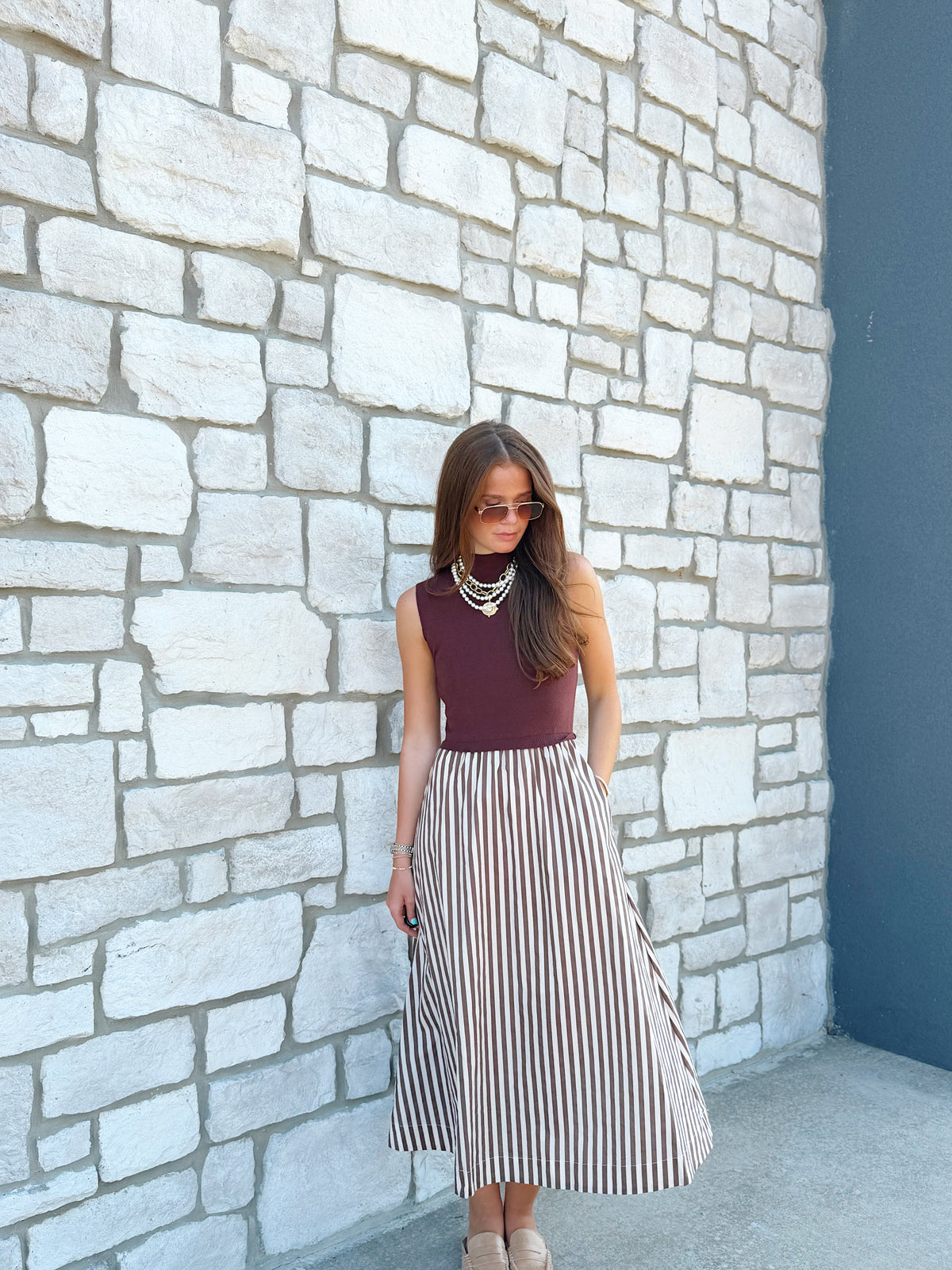 MOCKNECK STRIPED SKIRT MAXI