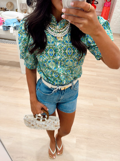 PUFF SHORT SLEEVE RUFFLE NECK TOP