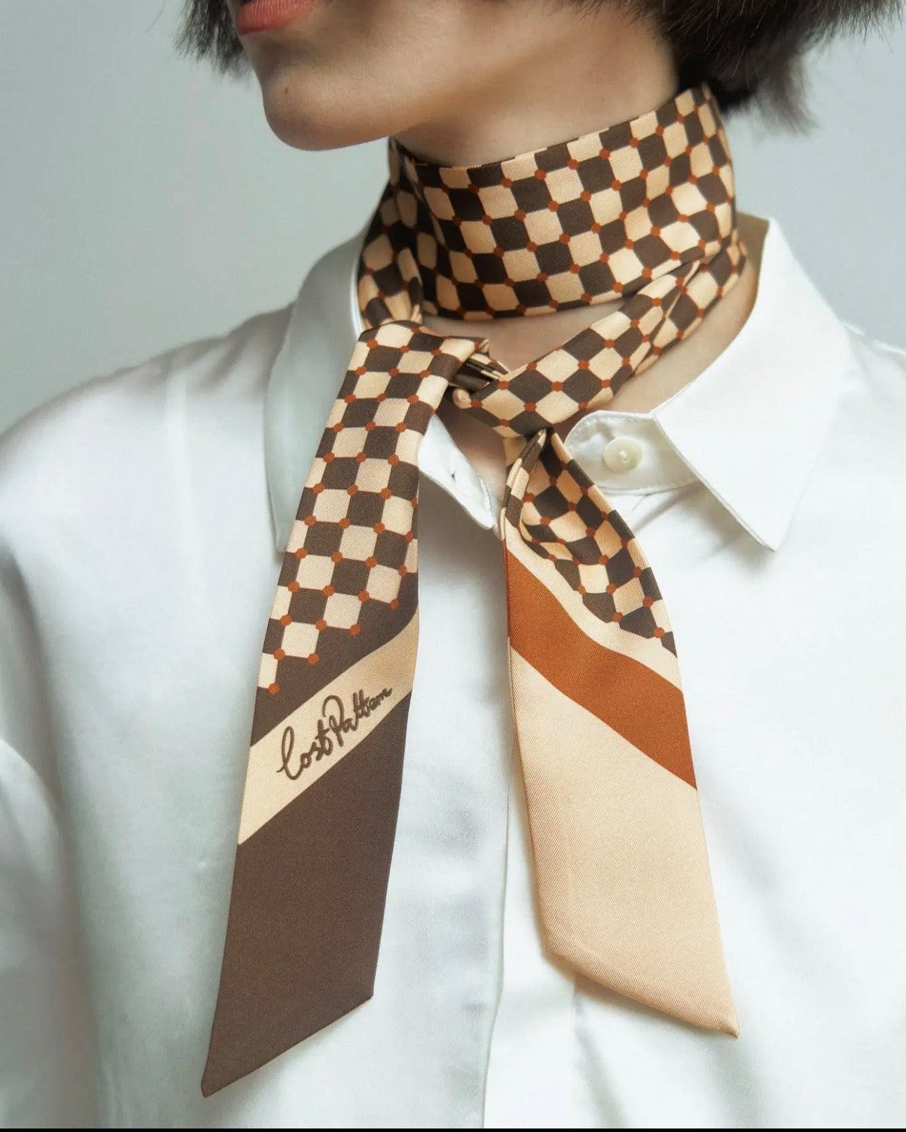 CHECKERBOARD SILK TWILL SKINNY SCARF