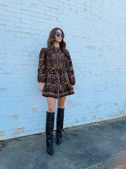 FLORAL PRINTED BELTED DRESS