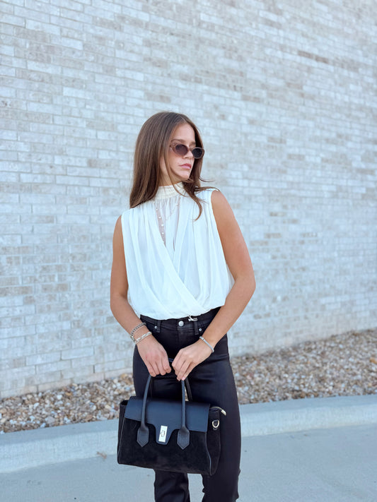 SLEEVELESS DRAPED TOP W/ BACK NECK TIE