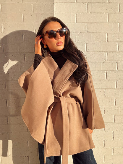 NOTCHED LAPEL BELTED TAILORED CAPE