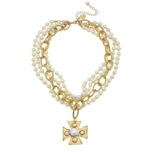 MALTESE CROSS MULTI-STRAND PEARL NECKLCE