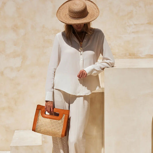 RATTAN HANDBAG WITH LEATHER TRIM