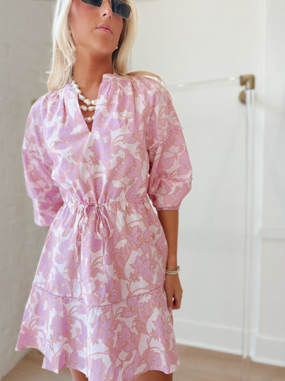 DANEY FLORAL SPLIT NECK MINI DRESS