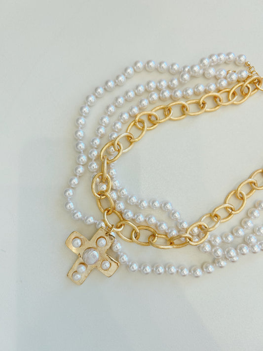 PEARL CROSS MULTI STRAND NECKLACE