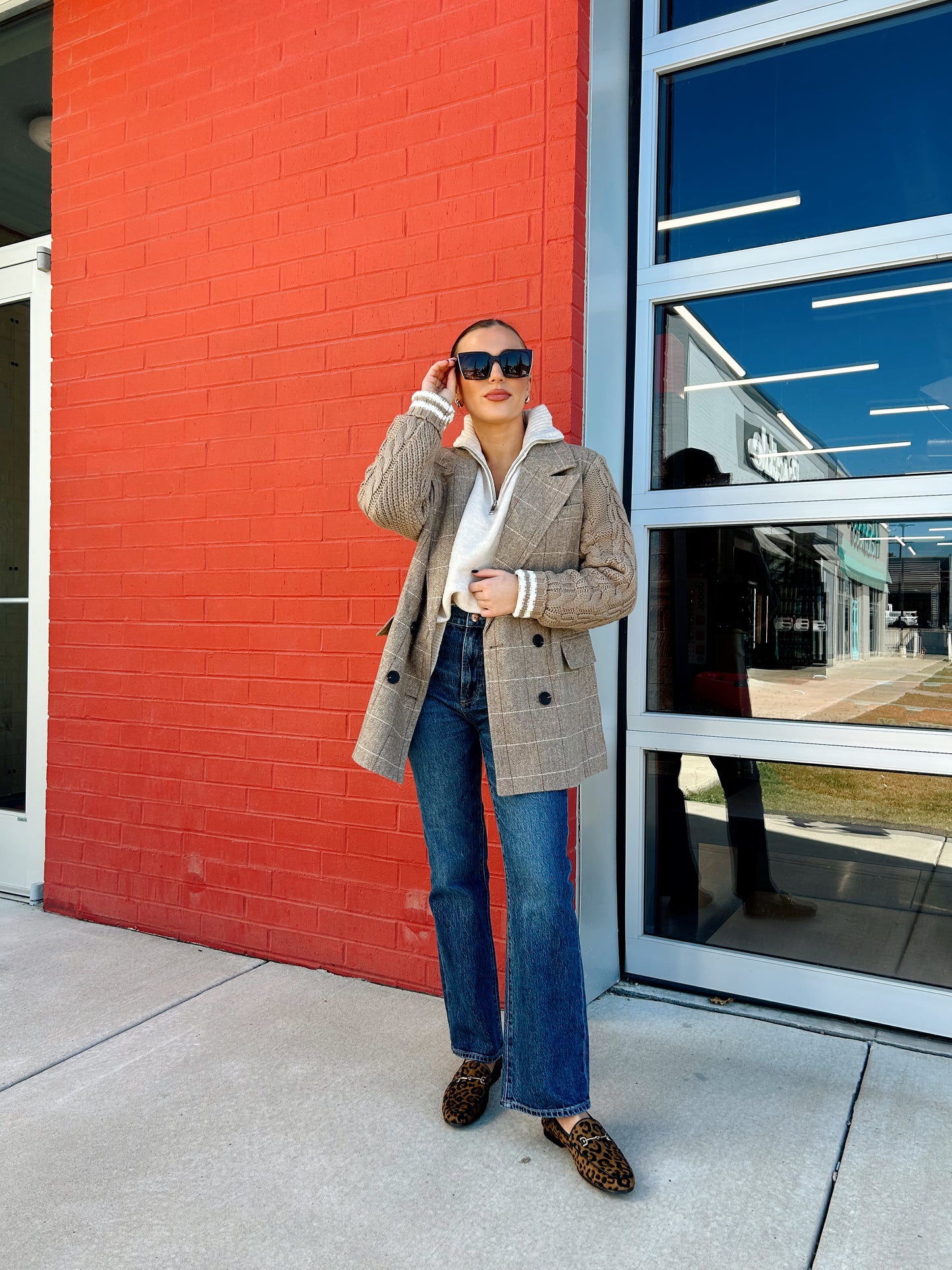 PLAID BLAZER W CABLE KNIT