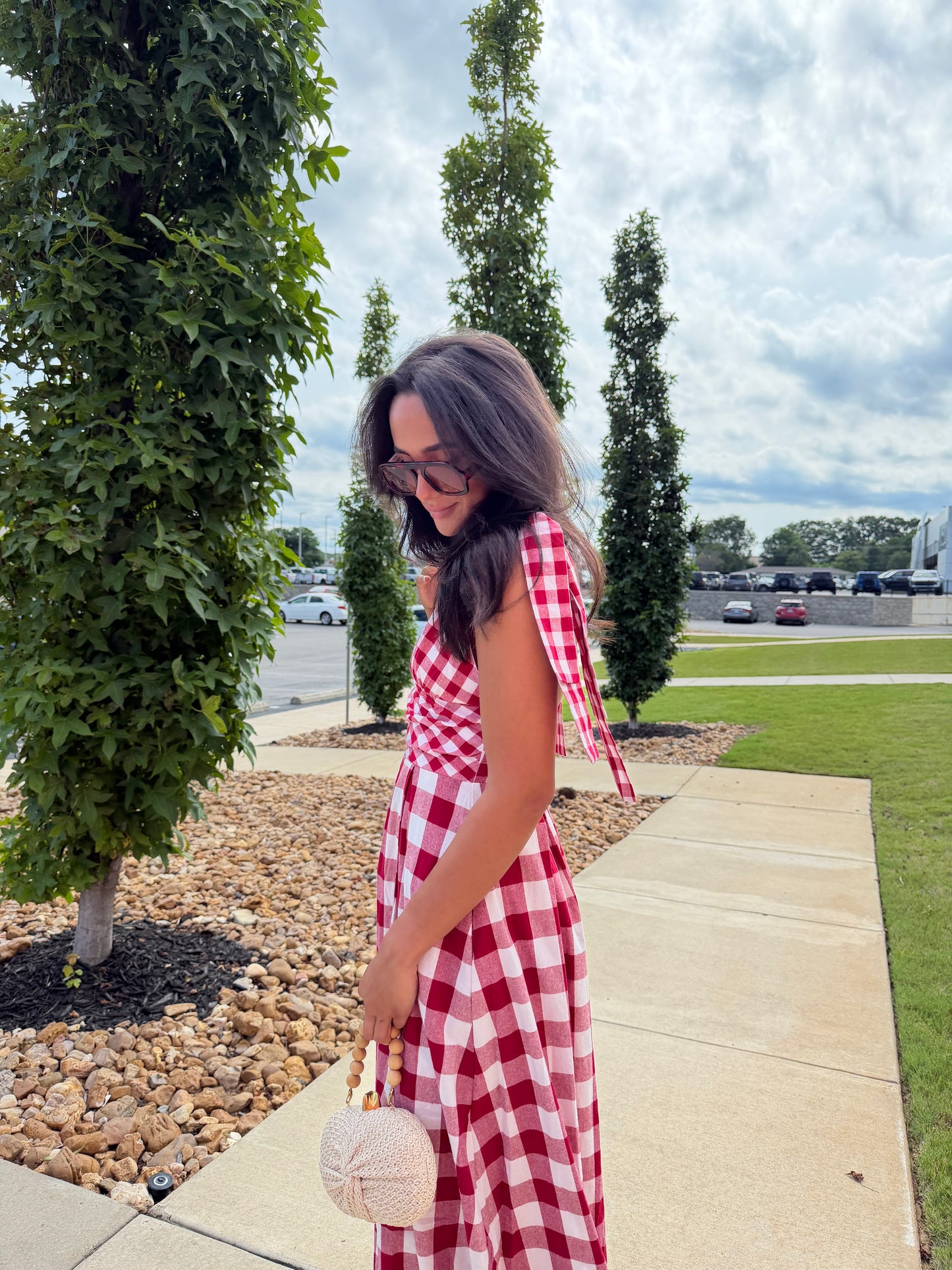 CHECK PATTERN TIE MAXI DRESS