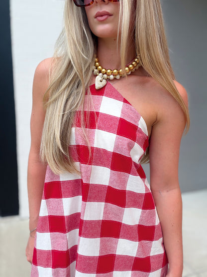 FLORA GINGHAM HALTER ROMPER MINI DRESS