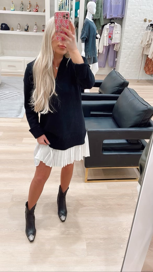 MIXED MEDIA PLEATED MINI DRESS