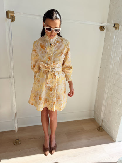 YELLOW FLORAL PRINT BELTED MINI DRESS
