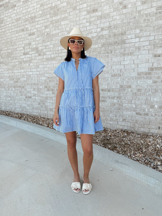 STRIPED EMPIRE TIERED MINI DRESS