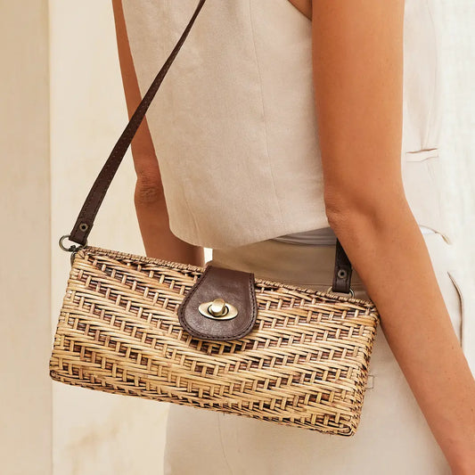 RATTAN CLUTCH WITH LEATHER STRAP