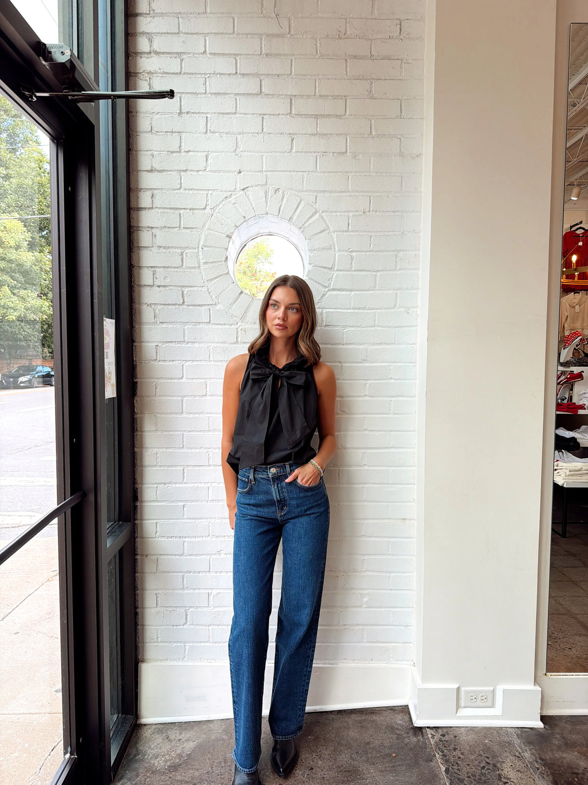 SLEEVELESS BUTTON UP WITH BOW