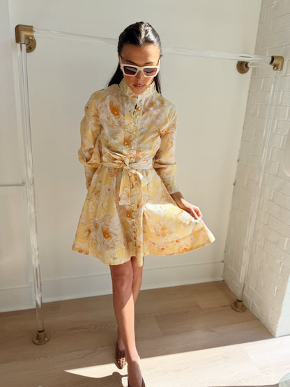 YELLOW FLORAL PRINT BELTED MINI DRESS