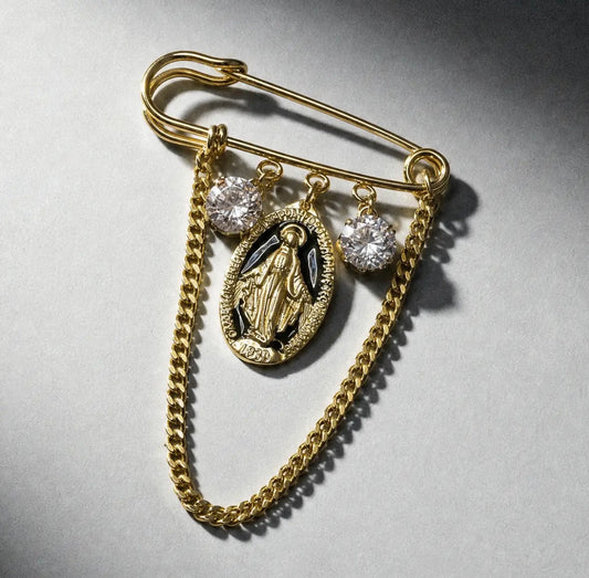MIRACULOUS MARY MEDAL & CRYSTAL BROOCH