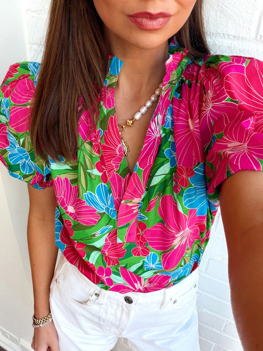 MERVY FLORAL PUFF SLEEVE TOP